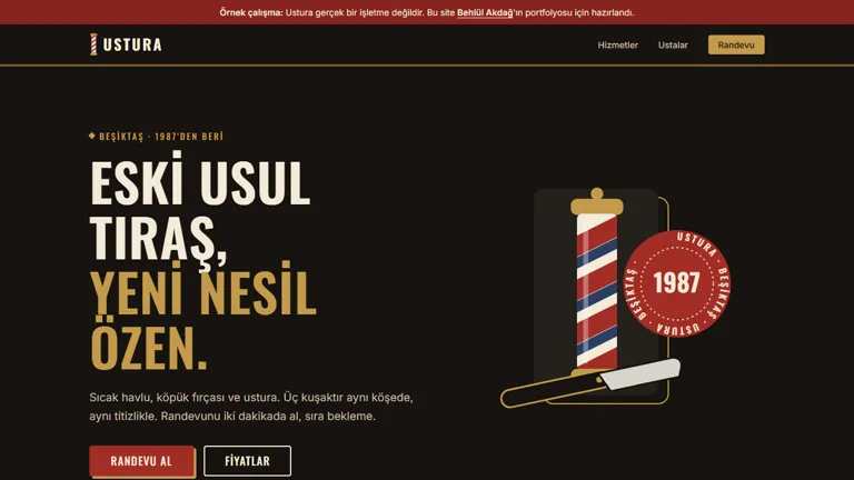 Ustura berber sitesinin ana ekranı: 'Eski usul tıraş, yeni nesil özen' başlığı, berber direği ve 1987 mührü